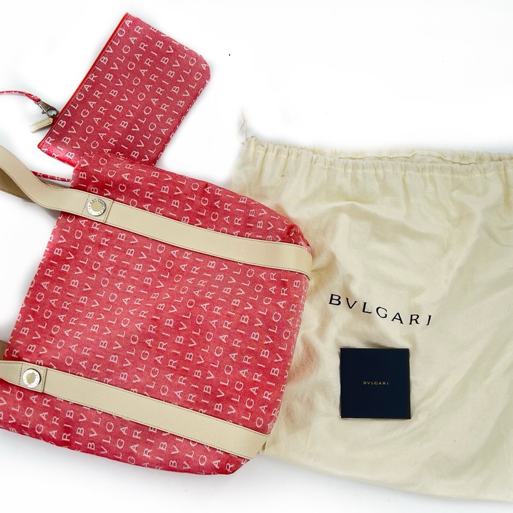 Bvlgari Agatha Jacquard Fabric/Leather Shopping Tote Medium Salmon/Cream w/Pouch - Picture 17 of 17